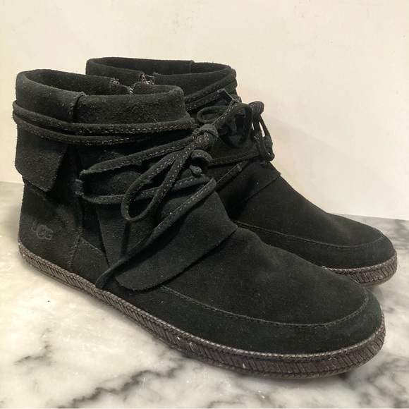 UGG Reid Black Suede Moccasin Booties Women's 8 Narrow Ankle Zip Up Boot - Picture 10 of 14